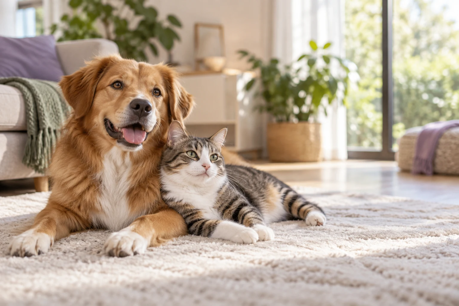 Cão e gato juntos em um ambiente acolhedor