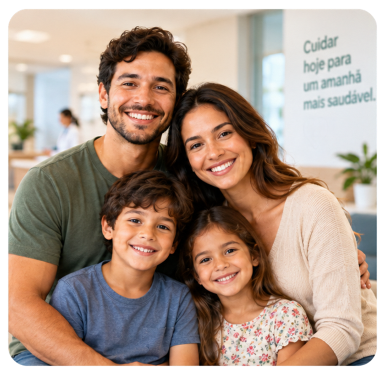 Família sorrindo em um ambiente de atendimento de saúde