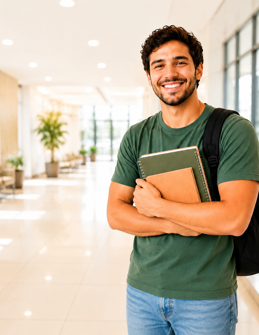 Homem sorrindo, com livros e mochila em um ambiente iluminado