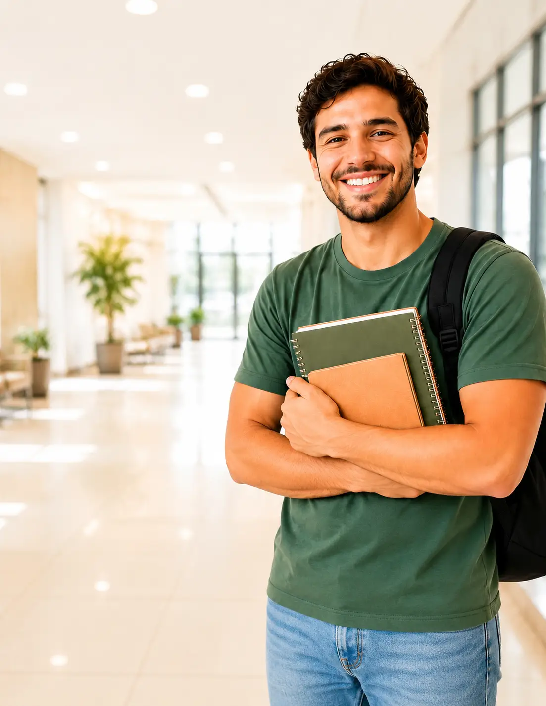Homem sorrindo, com livros e mochila em um ambiente iluminado
